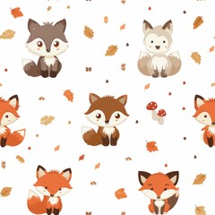 Charming seamless pattern of autumn leaves, foxes, mushrooms, and woodland creatures