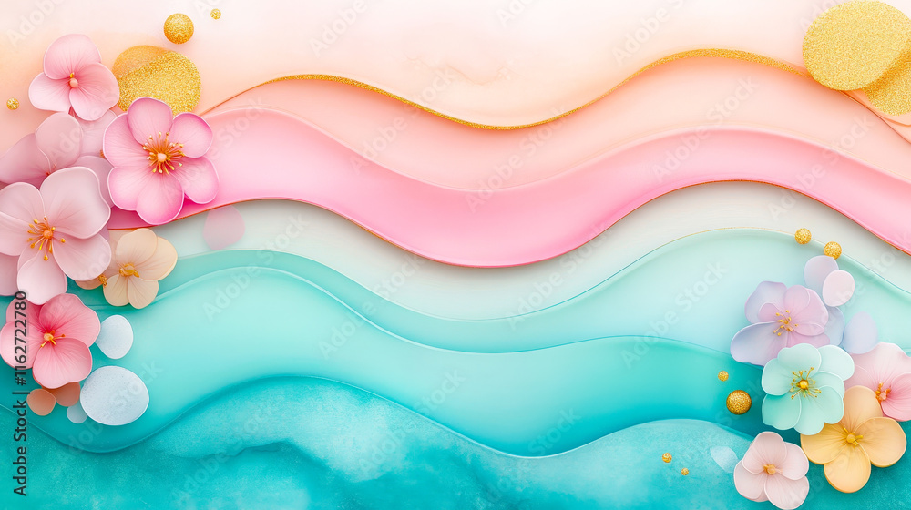 Poster soft pastel waves flow together, adorned with delicate flowers and sparkling gold accents, creating 