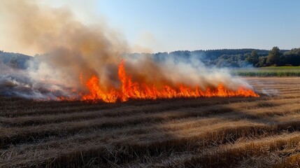Stubble burning causing air pollution and smoke in agricultural field