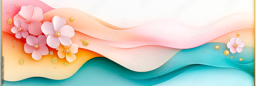 Poster Soft waves of pastel colors blend seamlessly with delicate flowers, creating a tranquil and elegant design suitable for various decor