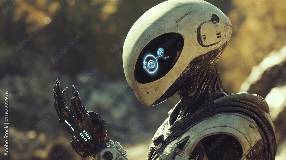 Poster A futuristic robot with a sleek design and glowing elements in a natural setting.
