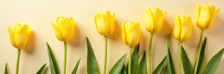 Naklejka premium Golden tulips blooming on a soft beige surface, floral, vintage