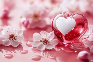 Fototapeta premium Vibrant Red Heart Surrounded by Delicate Cherry Blossoms on a Soft Pink Background for Romantic Valentines Day Themes