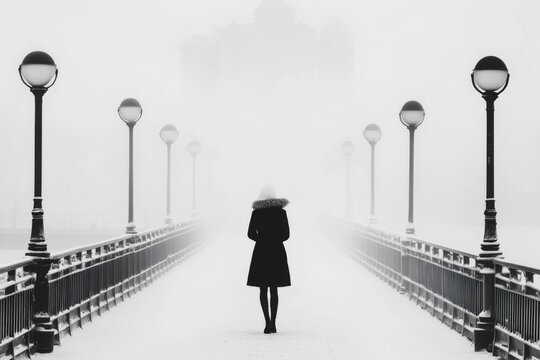 A solitary figure walking through a dense fog, their silhouette barely visible in the whiteness