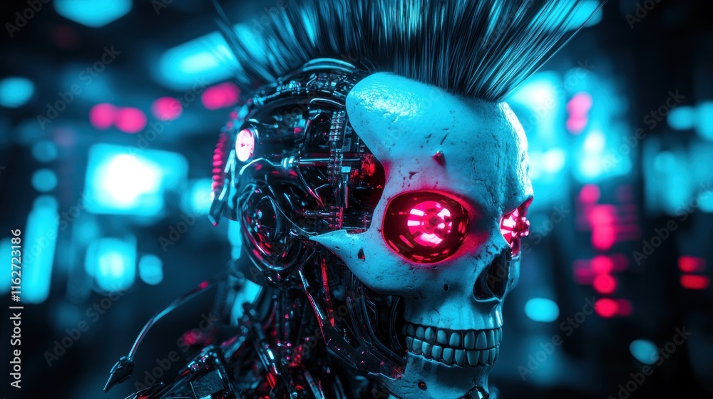 Aufkleber A futuristic robotic skull with glowing red eyes and intricate circuitry.