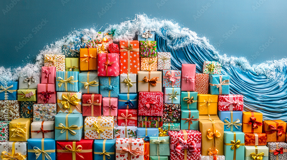 Poster rows of brightly wrapped presents create a visual wave effect against a vibrant blue backdrop, evoki