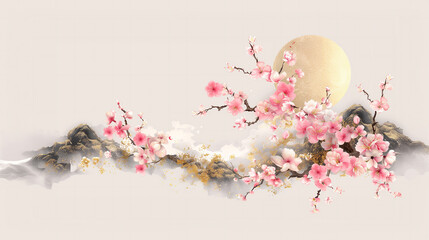 Beautiful elegant vintage floral background with the full moon, in a traditional oriental style, for the Asian Mid Autumn festival,  Chuseok, Seollal, Korean Lunar New Year	
