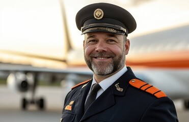 A handsome male pilot stands in front of an airplane, smiling and wearing his uniform with the captain's hat on