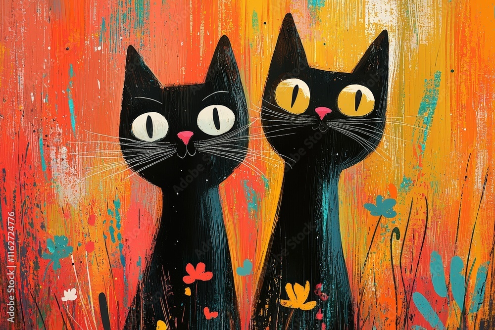 Poster two black cats with striking yellow eyes are positioned closely together, surrounded by an explosion