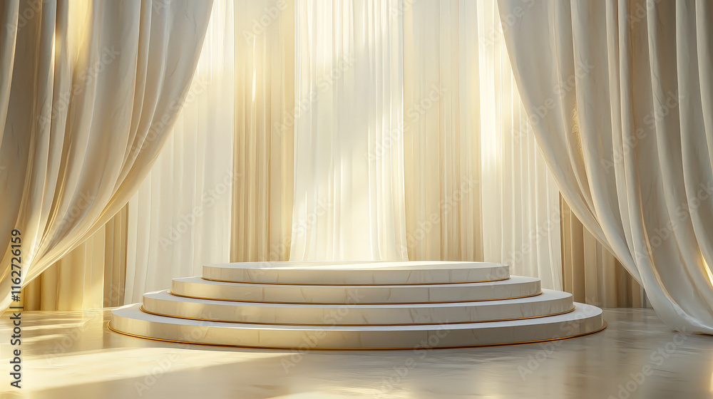 Poster A beautifully lit circular platform is surrounded by flowing drapes, creating an inviting and serene ambiance in natural light