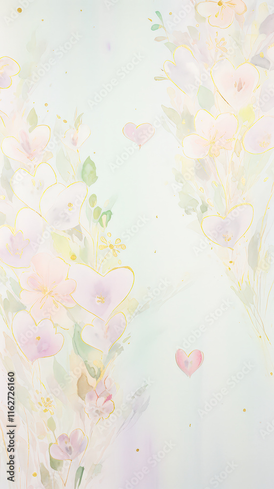 Poster soft pastel flowers and hearts blend harmoniously on a gentle blue backdrop, creating a tranquil and