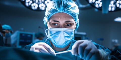 Close-up of a surgeon in a sterile operating room, wearing a mask and gloves, focusing intensely while performing a delicate surgical procedure under bright lights.