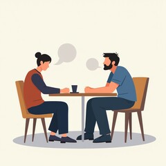 Two individuals sitting at a table, engaged in conversation, minimalistic style, beige background, concept of communication and dialogue
