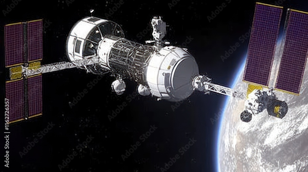 Poster a futuristic space station orbiting earth, showcasing advanced technology and exploration.