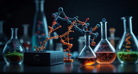 Biotechnology background with elements such as DNA strands, microscopes and molecular structures. Symbolizing the growth and success of technology.