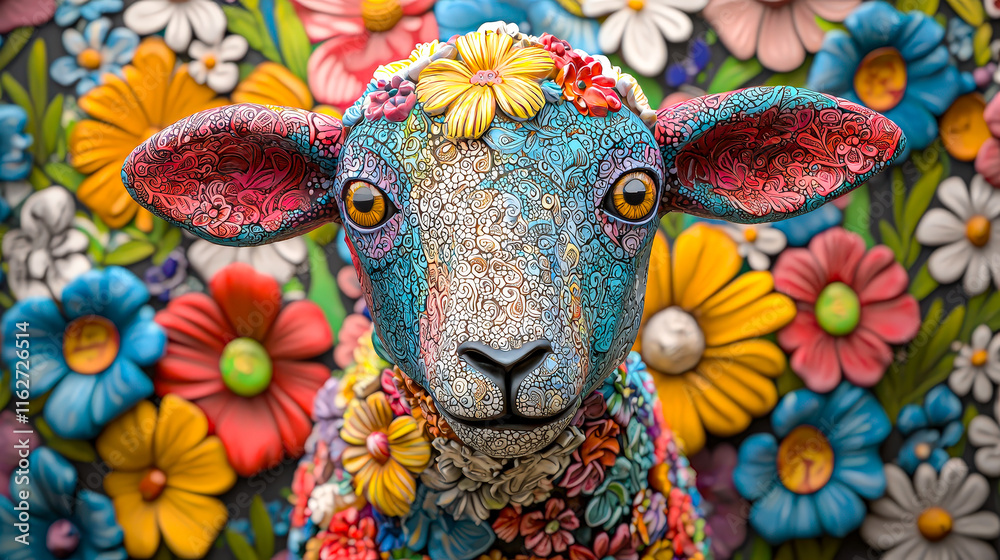 Poster a decorative sheep made of flowers stands against a vivid floral background filled with bright color