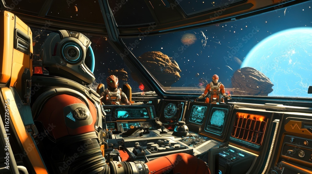 Poster a futuristic spaceship cockpit with astronauts and a cosmic backdrop.
