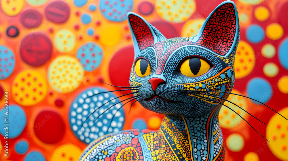 Aufkleber a colorful cat sculpture showcases intricate patterns and vivid colors, set against a bold backdrop 