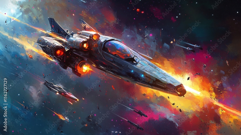Poster a futuristic spaceship navigating through a vibrant cosmic battle scene.