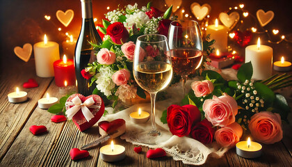 Valentine's Day Romance with Red Roses and Wine