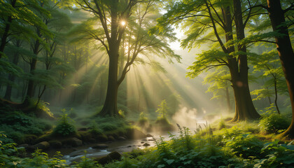 Obraz premium Sunbeams are filtering through the lush green canopy of a tranquil forest, illuminating a gently flowing stream, creating a serene and magical atmosphere.