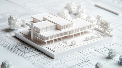 A detailed architectural model of a modern building displayed on a blueprint background, showcasing design elements and surrounding greenery.