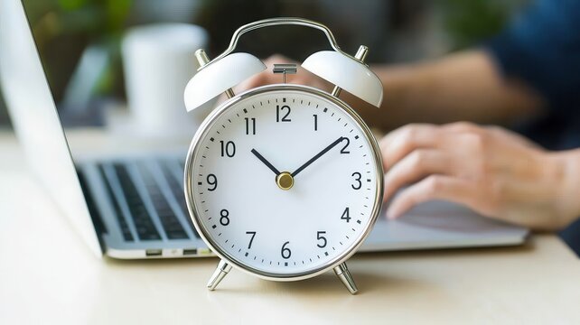 A white alarm clock sits next to a laptop, emphasizing the importance of time management and productivity in a work environment. - Powered by Adobe