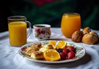 Delicious Breakfast: Croissants, Oranges, Raspberries, and Juice