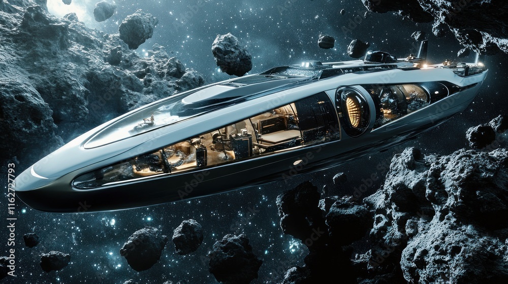 Poster A futuristic spaceship navigating through an asteroid field in space.