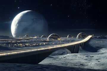 Futuristic Lunar Cityscape With Elevated Highway And Large Moon