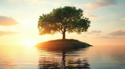 Ocean Reflection. Esg fintech nature-based solutions Water positive sbti Grow therapy EcoVadis PNGtree Treeapp Lone green tree on small island during sunset over c