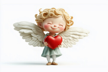 3D Baby cupid angel with heart shape in a cartoon style on a white background.