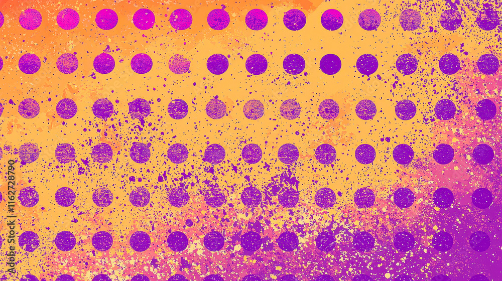 Poster A colorful abstract pattern showcases purple dots scattered across a bright orange background, creating a lively visual effect perfect for modern art enthusiasts