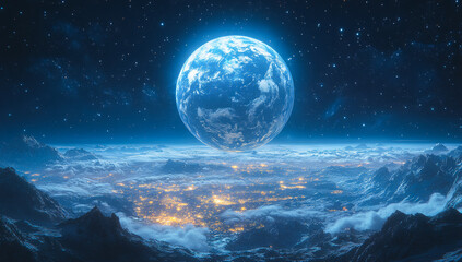 A blue planet with a large moon in the sky. The planet is surrounded by a city with lights shining brightly