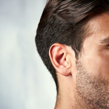 handsome man, detail of right ear, AI generated
