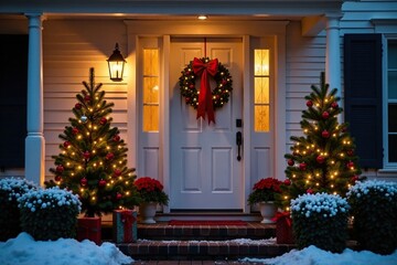 Fototapeta premium Sparkling Christmas decor on a classic white front door, lights, countryhouse, festive