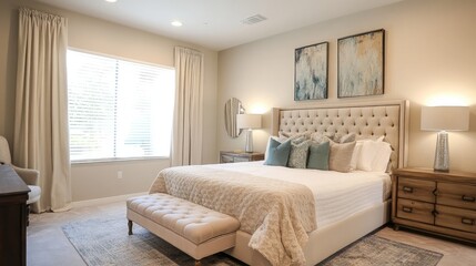 Bedroom with a neutral palette and textured bedding