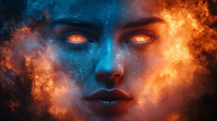 Fiery fantasy portrait of a glowing face with flames