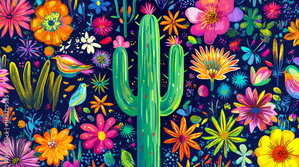Poster a large green cactus stands proudly in a garden filled with a variety of colorful flowers and small 
