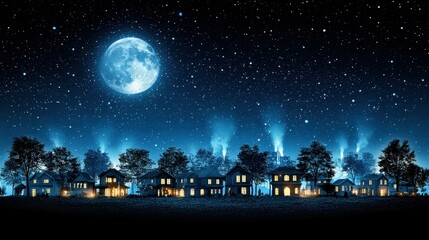 Winter Glow. Full moon blue night sky village houses glowing winter ho