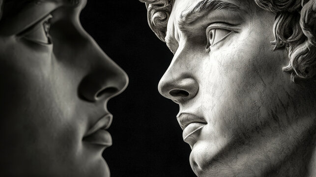 Two intricate sculpted faces are portrayed in a close-up view, capturing intense emotions and features. The contrasting lighting enhances their expressions against a dark background
