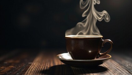 Fototapeta premium Warm steam rises from dark cup as black tea's essence escapes, cozy atmosphere, dark background