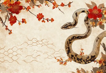 Obraz premium Serpentine Elegance: A Vintage-Inspired Snake and Blossom Artwork