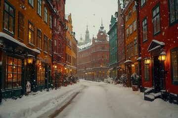 Obraz premium Photorealistic Winter Streetscape with Colorful Buildings Surrounded by Snowfall, Capturing the Essence of a Cozy Holiday Atmosphere in a European Town