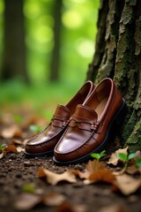worn out brown leather loafers slumped against a tree trunk on the forest floor, loafers, brown