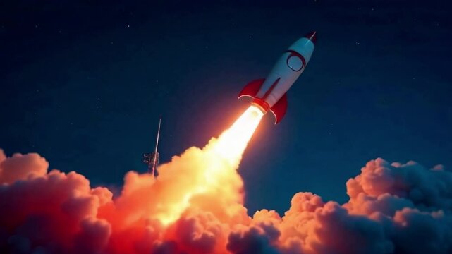 Rocket taking off on dark blue background, startup and business concept