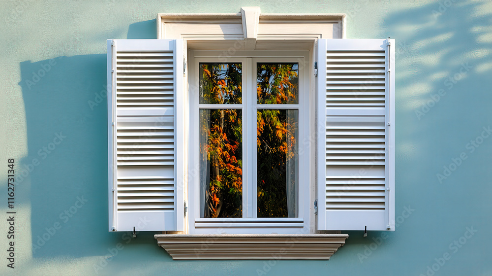 Poster A white window with open shutters reflects colorful trees on a soft pastel wall in the warm afternoon sunlight