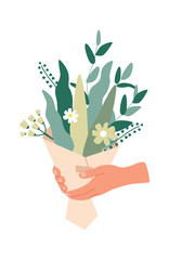 Hand presenting flower bouquet composition