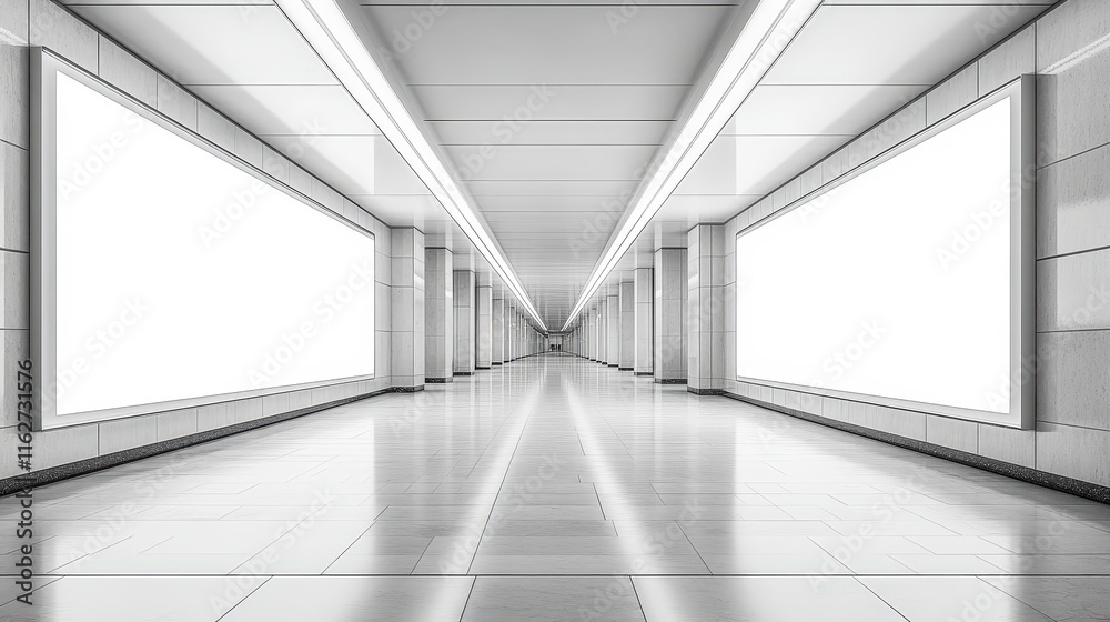 Poster A spacious corridor features bright lighting and empty advertising panels, creating a minimalist atmosphere in a subway station
