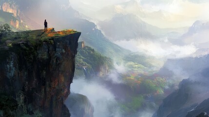 A lone trekker standing at a cliff edge, overlooking a valley covered in mist